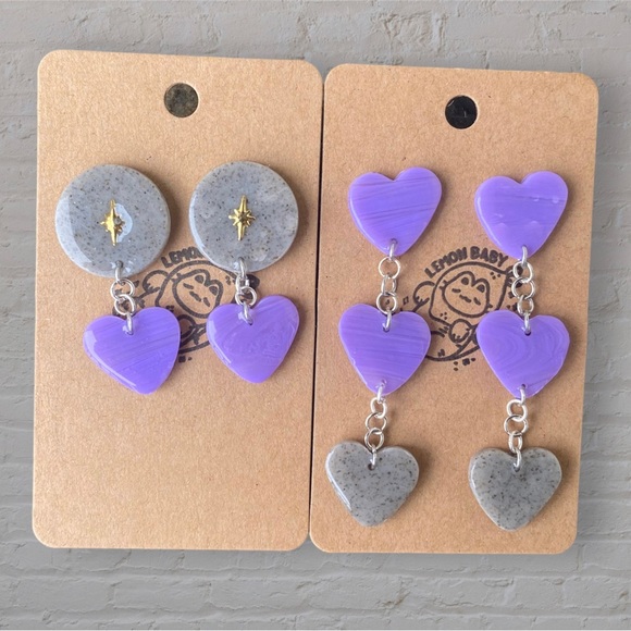 Handmade Lavender Purple and Speckled Grey Heart Drop Dangle Earrings - Picture 7 of 7